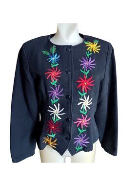 Medium Handwoven Guatemalan Black Jacket Floral Embroidery 100% Cotton Boho 90s